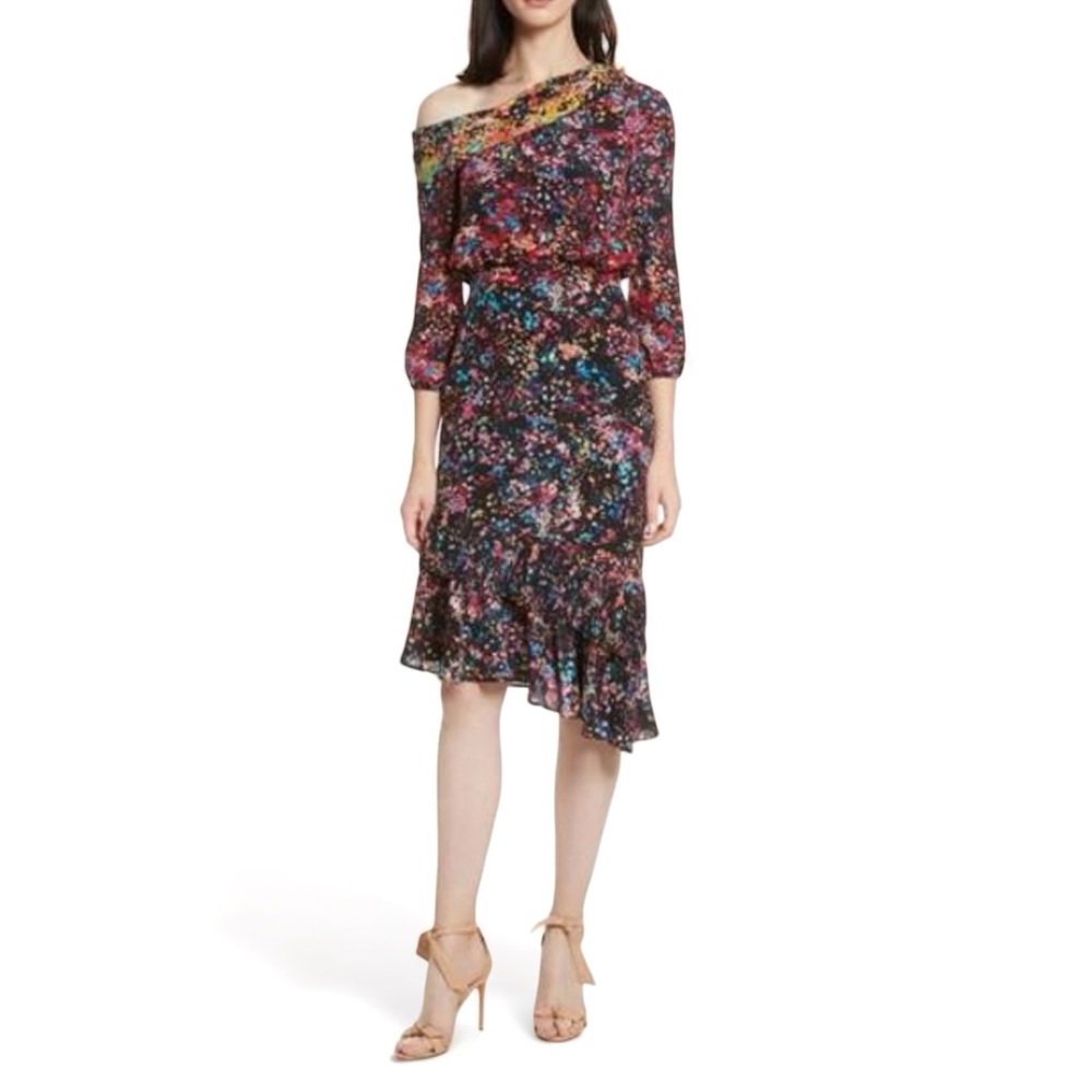 NWT Saloni Asymmetrical Lexie Silk Off-Shoulder Dress Three Quarter Sleeve